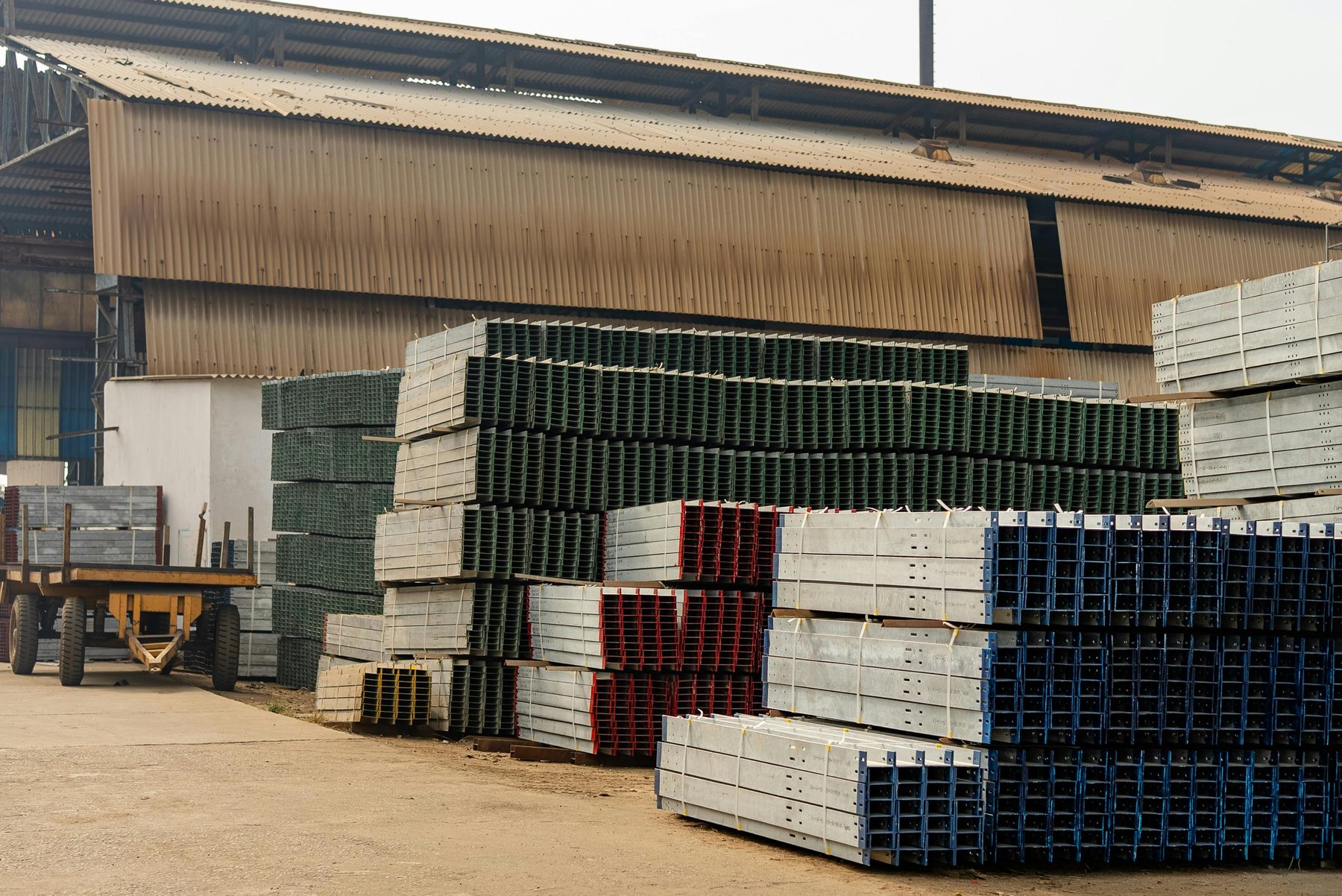Construction materials stored on industrial shelving